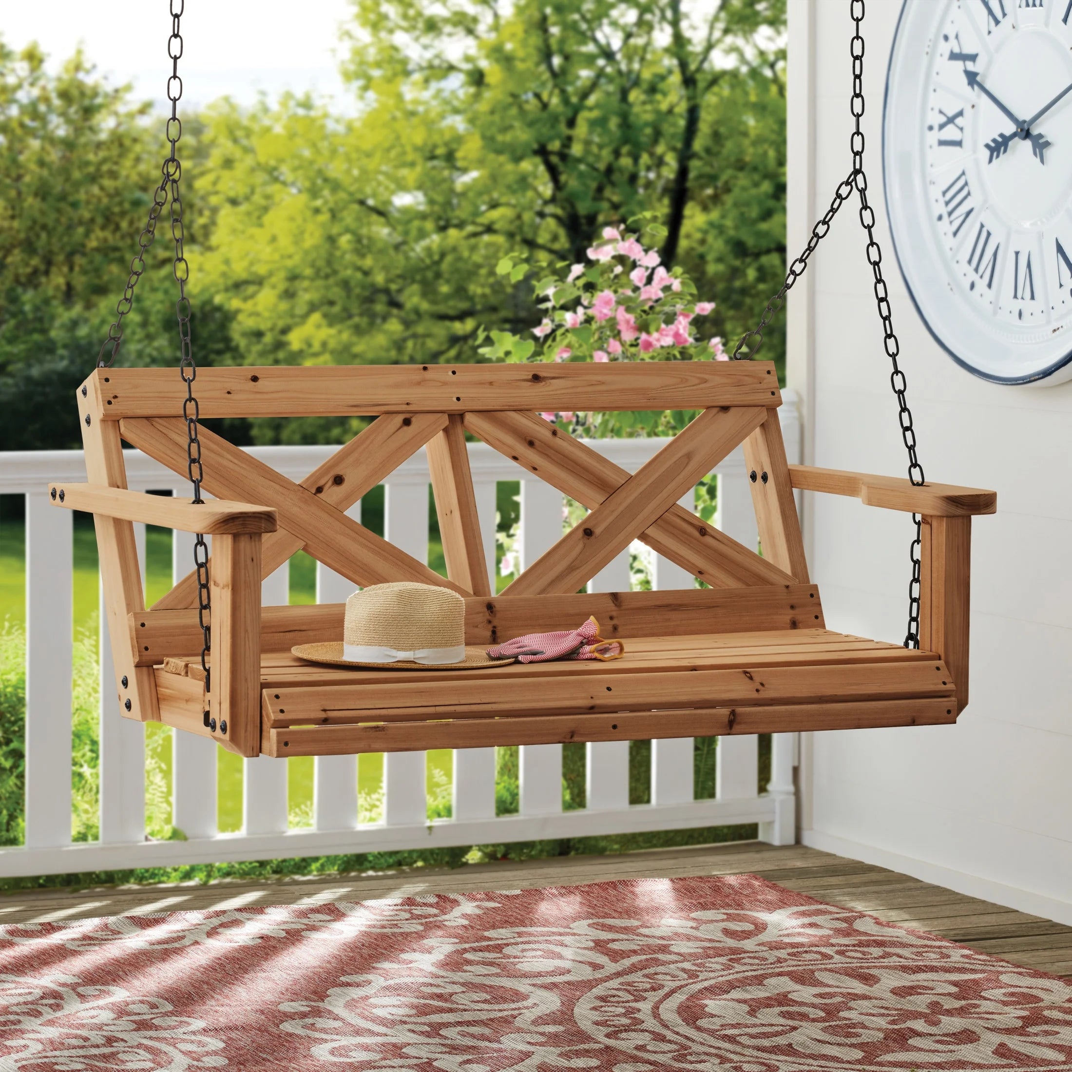 55" Cedar Wood Farmhouse Outdoor Porch Swing Bench, Two-Person Seating