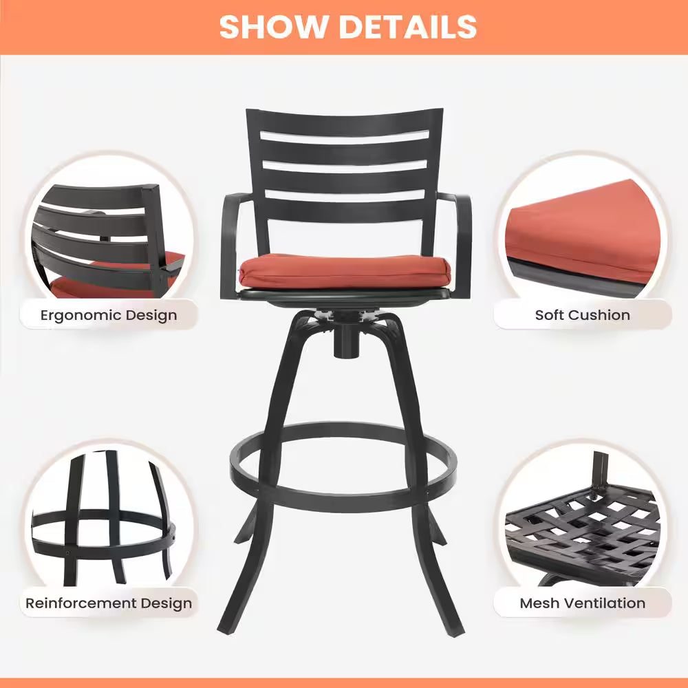 Swivel Cast Aluminum Outdoor Bar Stool with Sunbrella Red Cushion (2-Pack)