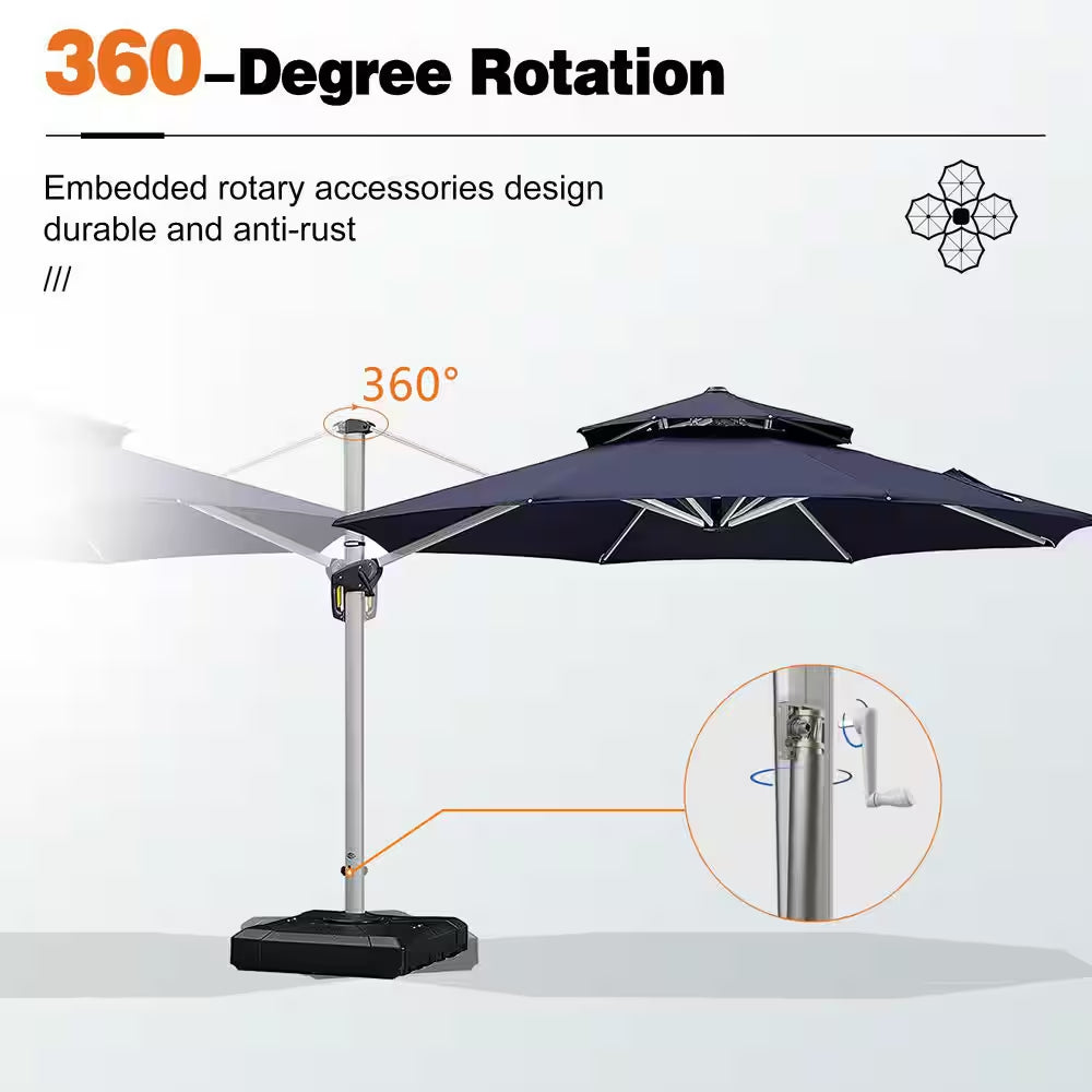 11 Ft. Octagon Windproof Aluminum 360 Rotation Cantilever Polyester Outdoor Patio Umbrella with Base, Navy Blue