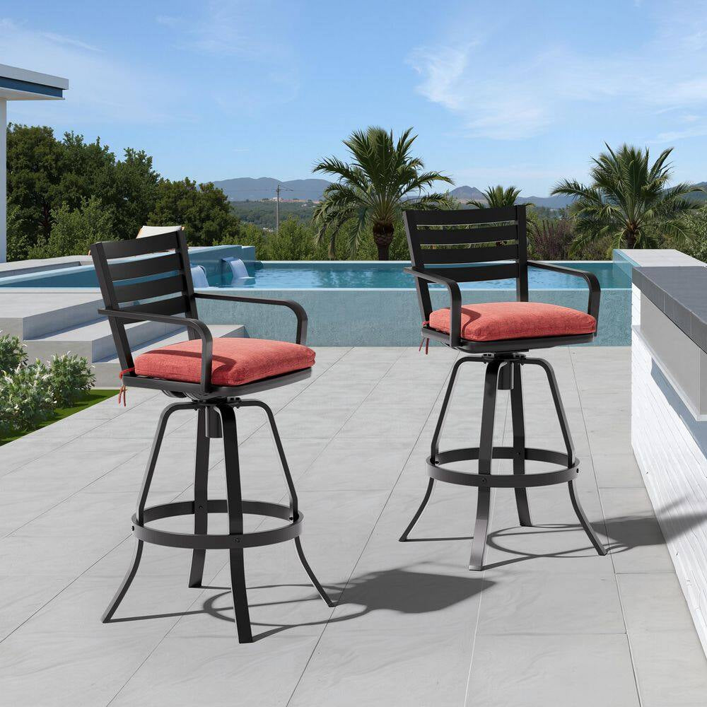 Swivel Cast Aluminum Outdoor Bar Stool with Sunbrella Red Cushion (2-Pack)