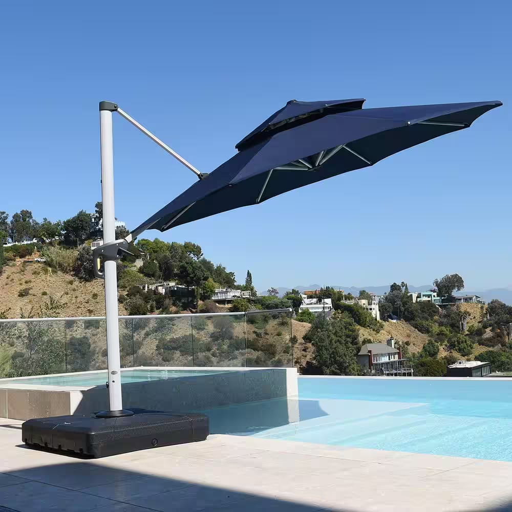 11 Ft. Octagon Windproof Aluminum 360 Rotation Cantilever Polyester Outdoor Patio Umbrella with Base, Navy Blue
