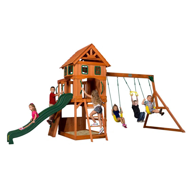 Atlantis Cedar Wood Swing Set with Wave Slide, Clubhouse, Rock Wall, and Sandbox Area