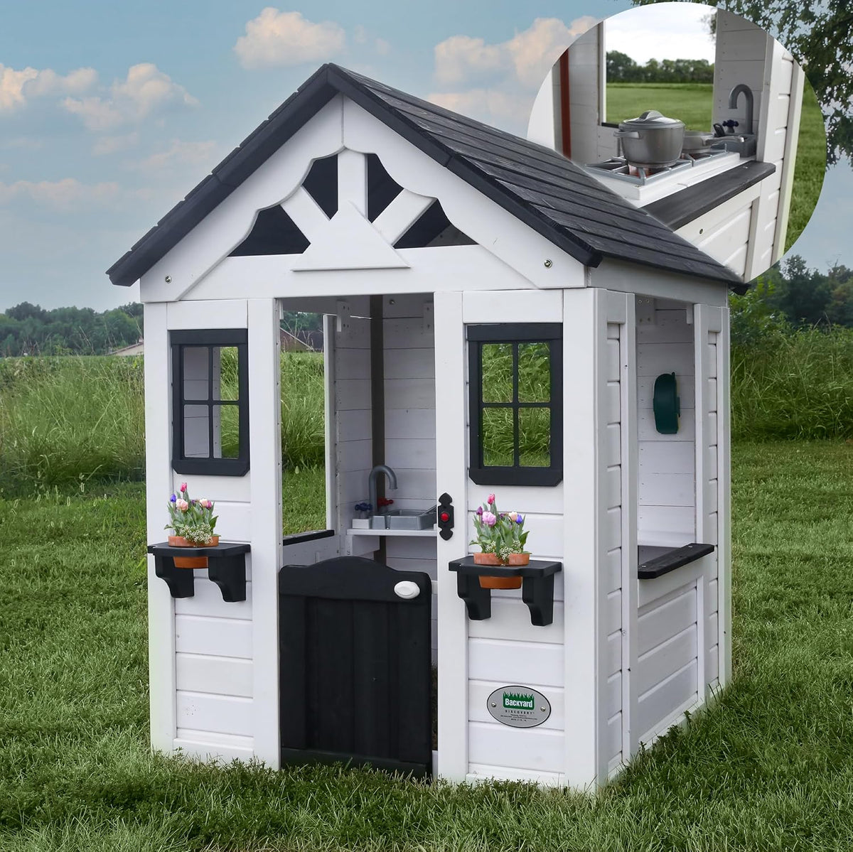 Backyard Discovery Sweetwater White Cedar Wooden Kids Playhouse Cottage with Play Kitchen, Snack Bar, Half Door, Toy Phone, Windows, Flowerpot Holders, Working Doorbell for Outdoor Imaginative Play