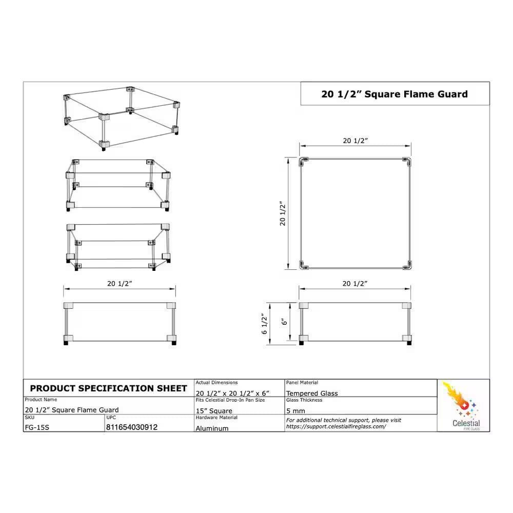 20.5 In. X 20.5 In. Square Tempered Glass Fire Pit Wind Guard for 15 In. Square Drop-In Fire Pit Pan