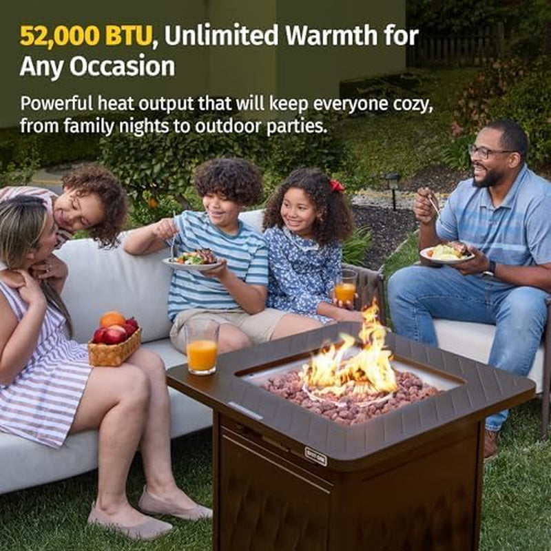 28" Outdoor Propane Fire Pit Table | 52,000 BTU Gas Fire Pit Table for outside with Magnetic Lid | Storage Basket & Lava Rocks | CSA Certified for Patio, Garden & Backyard | Brown