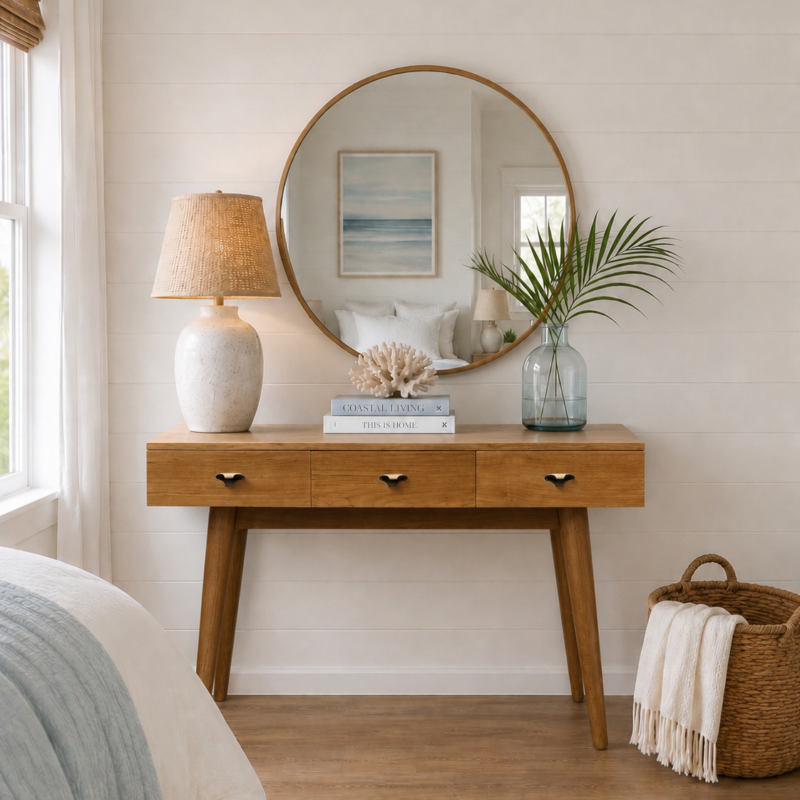 Wooden console table with decorative items in a bedroom setting