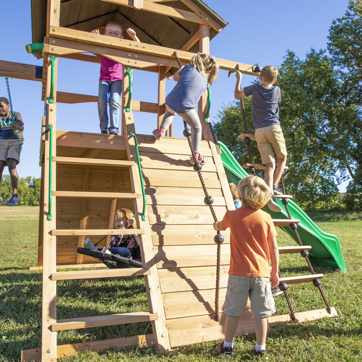 Endeavor Cedar Wood Swing Set, Slide, Play Deck, Rock Wall, Rope Ladder