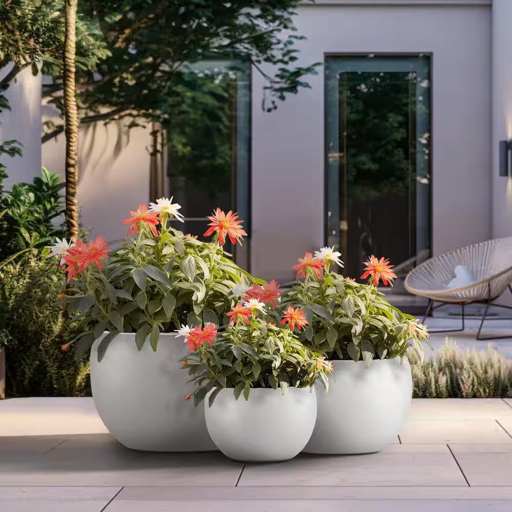 11.5In., 15In., 19In. Dia Crisp White Extra Large Tall round Concrete Plant Pot/Planter for Indoor & Outdoor Set of 3