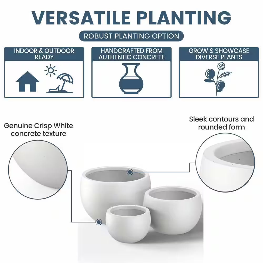 11.5In., 15In., 19In. Dia Crisp White Extra Large Tall round Concrete Plant Pot/Planter for Indoor & Outdoor Set of 3