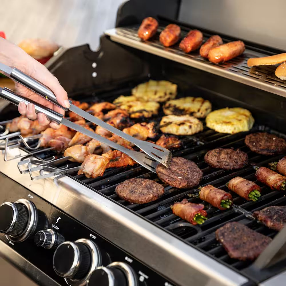 4-Burner Propane Gas Grill with Side Burner with Glass Viewing Window, Cabinet Style, Silver