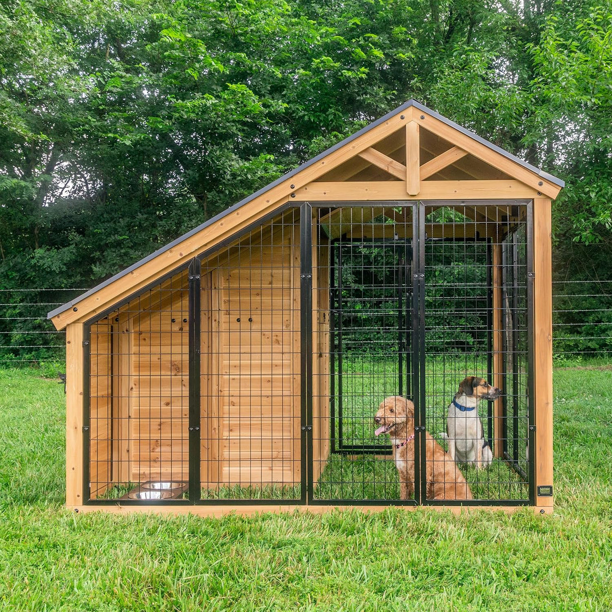 Backyard Discovery 7' X 5' Waggin' Retreat Cedar Wood Large Dog Kennel with Galvanized Steel Roof, Feeding Door, Doghouse Back Door, Water and Food Tray, Secure Lock Gate for Safe Outdoor Pet Shelter