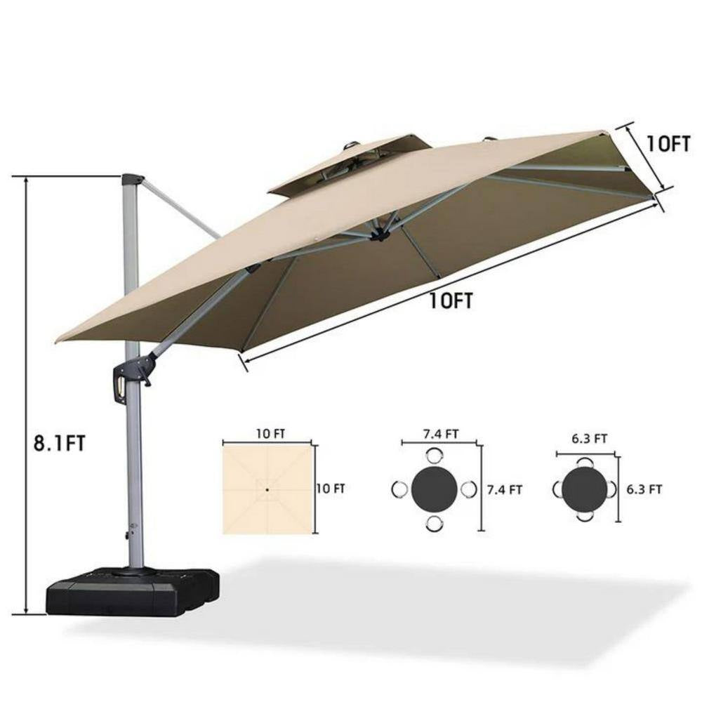 10 Ft. Square Windproof Aluminum 360 Rotation Cantilever Polyester Outdoor Patio Umbrella with Base, Beige