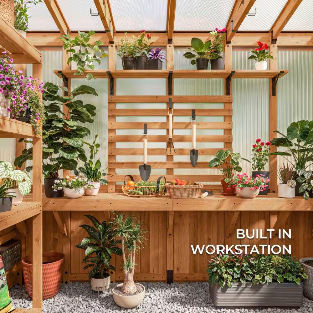 Poppy 9 Ft. W X 6 Ft. D X 8 Ft. H Cedar Wood and Polycarbonate Light Brown Walk-In Outdoor Greenhouse Kit W/ Powerport