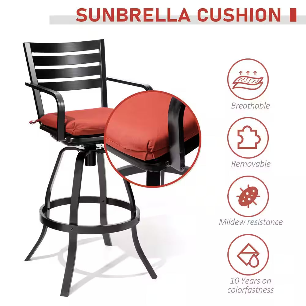 Swivel Cast Aluminum Outdoor Bar Stool with Sunbrella Red Cushion (2-Pack)