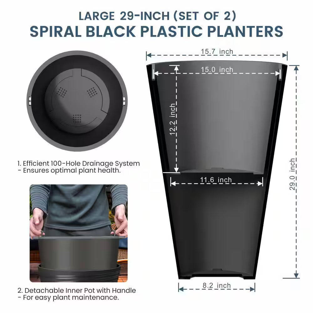 29 In. High Large Spiral Black Plastic round Planter / Pot with Drainage Holes (Set of 2)