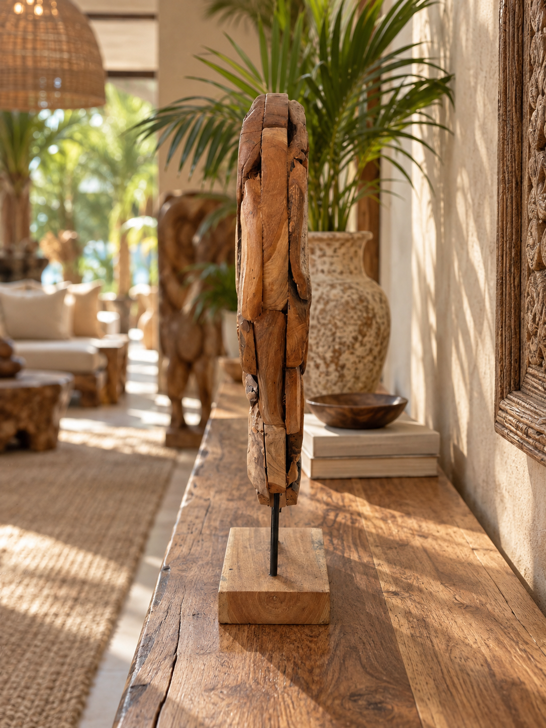 Handmade Bali Teak Heart Sculpture on Stand Medium