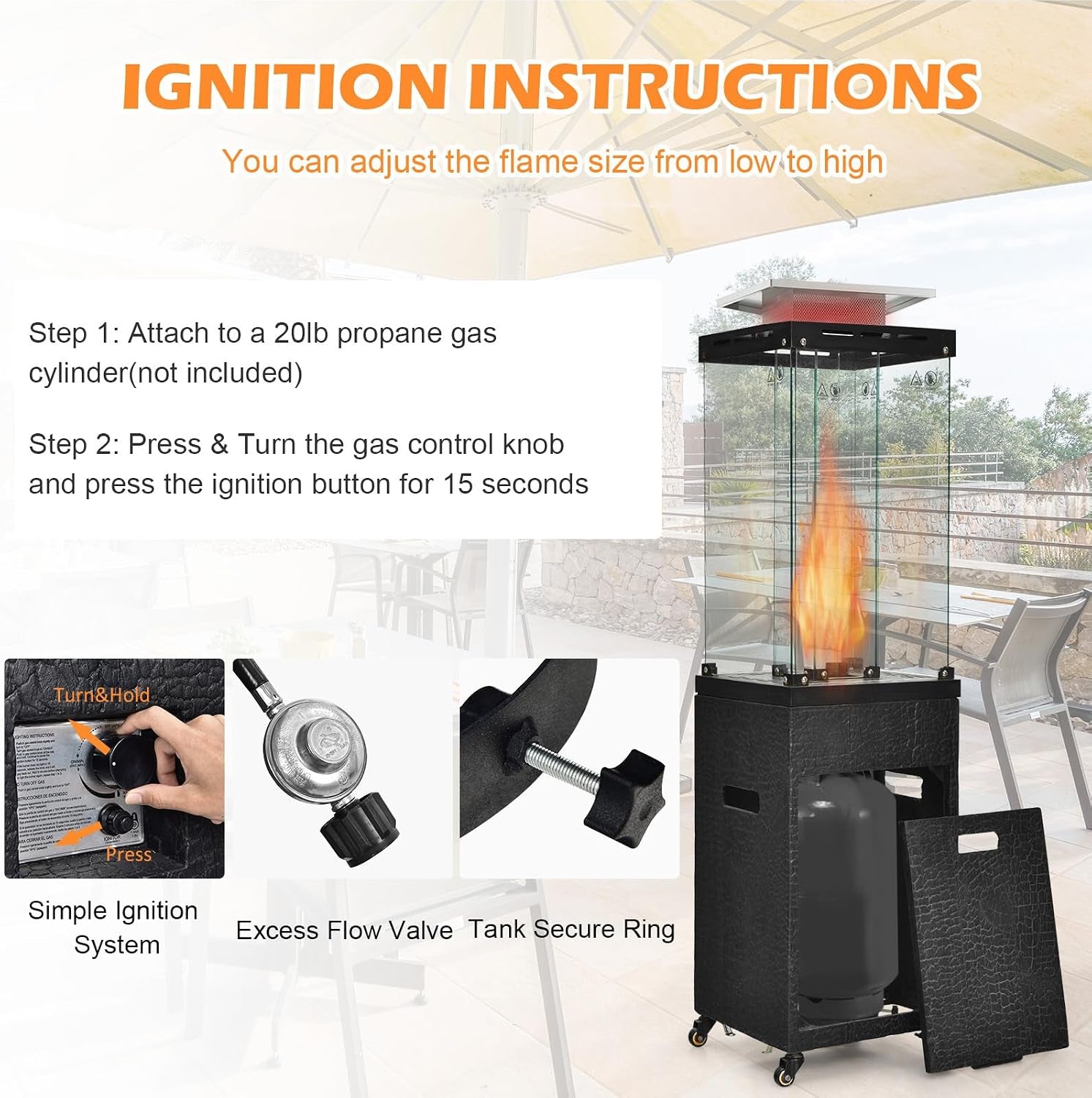 41,000 BTU Propane Patio Heater with Waterproof Cover, Outdoor Heater with Lockable Wheels, Adjustable Feet, Tempered Glass Tube, Suitable for Garden Porch Patio Deck (Black)