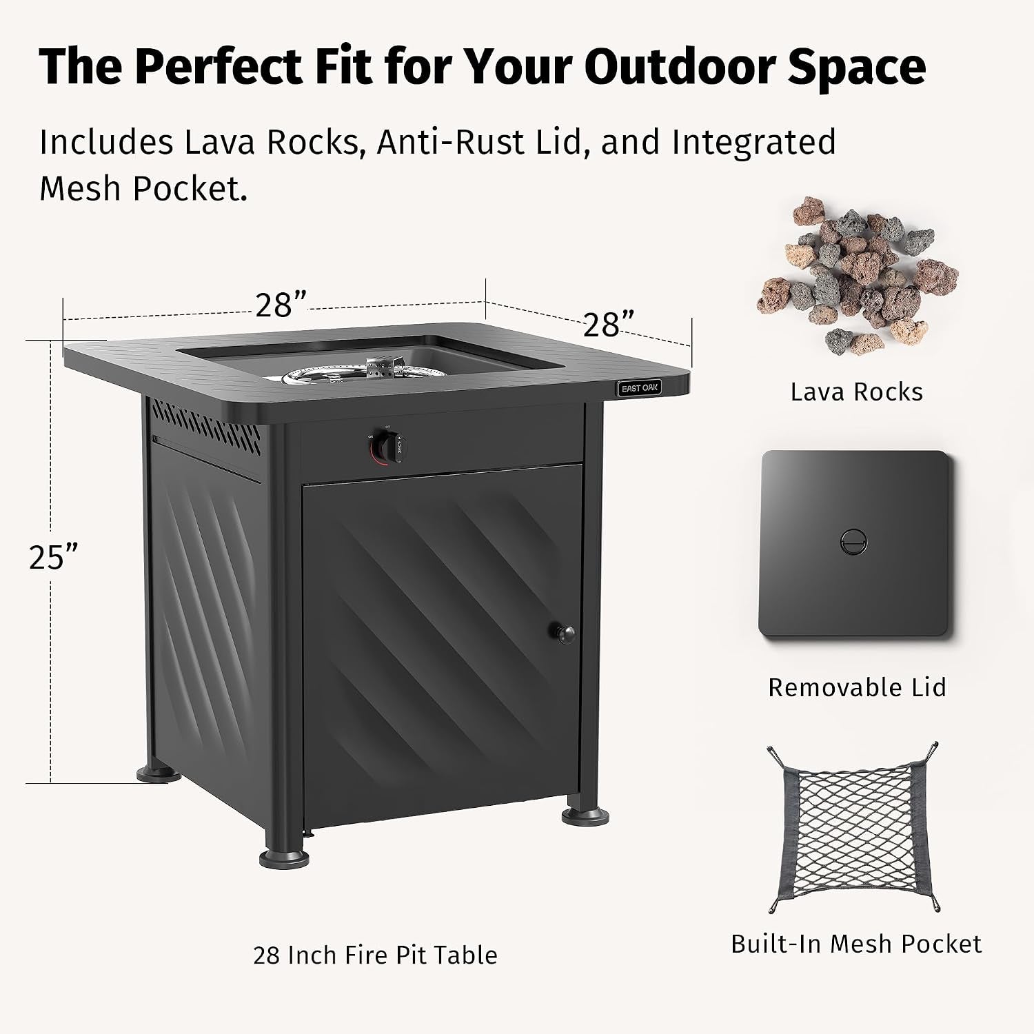 28” Outdoor Propane Fire Pit Table | 52,000 BTU Gas Fire Pit for 2-4 People with Space-Saving Hock Lid, Mesh Pocket & Lava Rocks | CSA Certified Safe for Patio, Deck, Backyard, Black