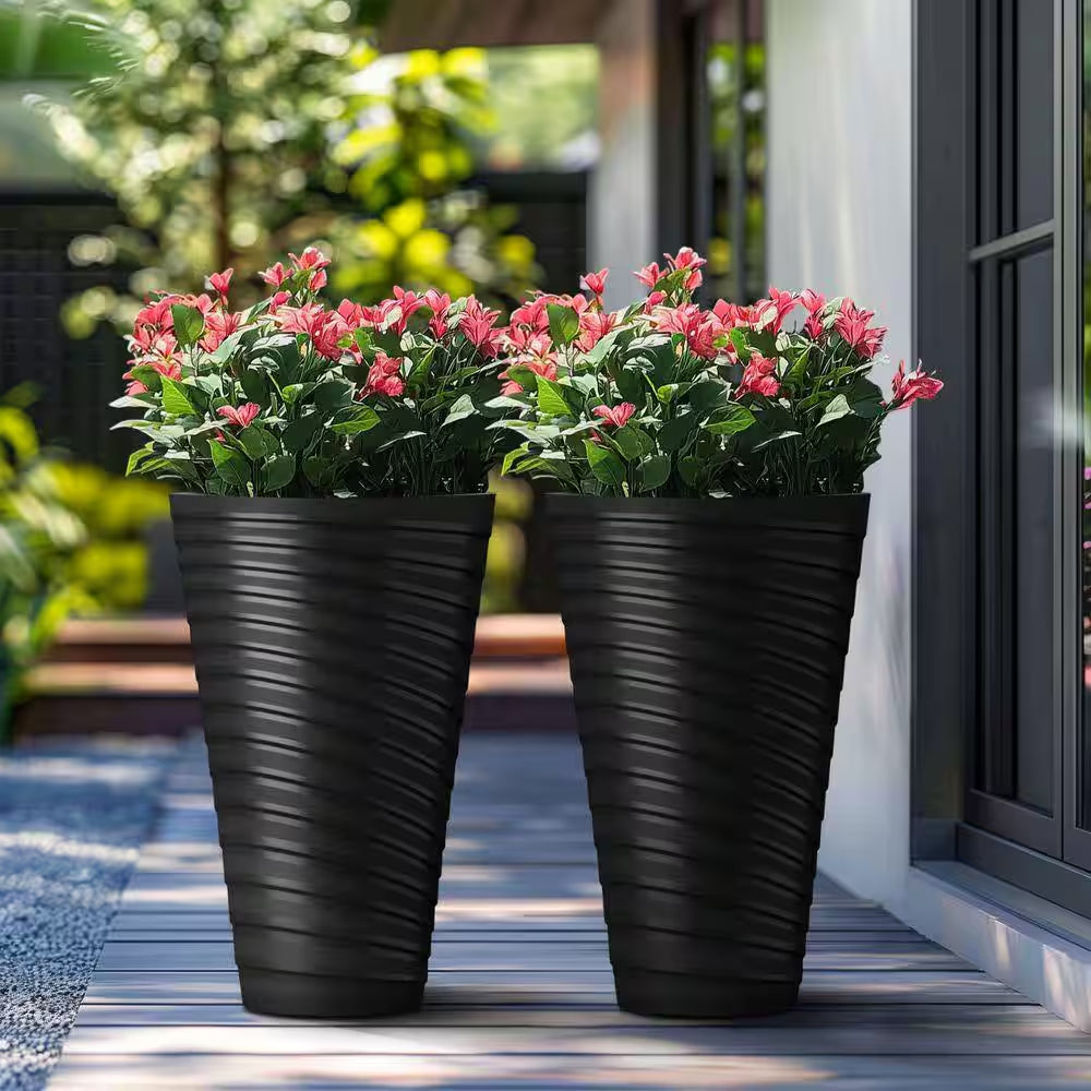 29 In. High Large Spiral Black Plastic round Planter / Pot with Drainage Holes (Set of 2)