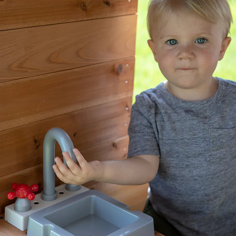 Aspen Cedar Wooden Kids Playhouse with Play Kitchen, Snack Bar Window, and Picnic Bench