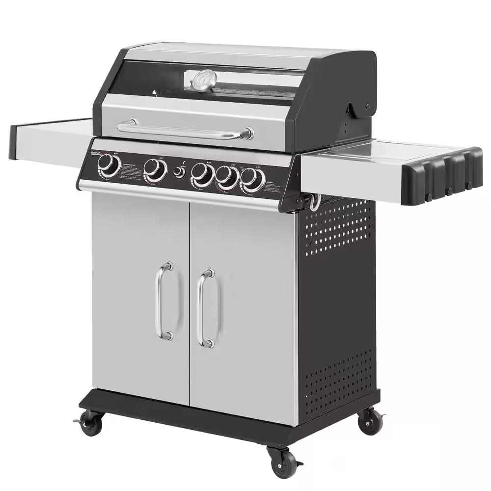 4-Burner Propane Gas Grill with Side Burner with Glass Viewing Window, Cabinet Style, Silver