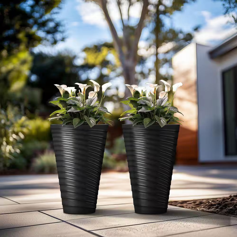 29 In. High Large Spiral Black Plastic round Planter / Pot with Drainage Holes (Set of 2)
