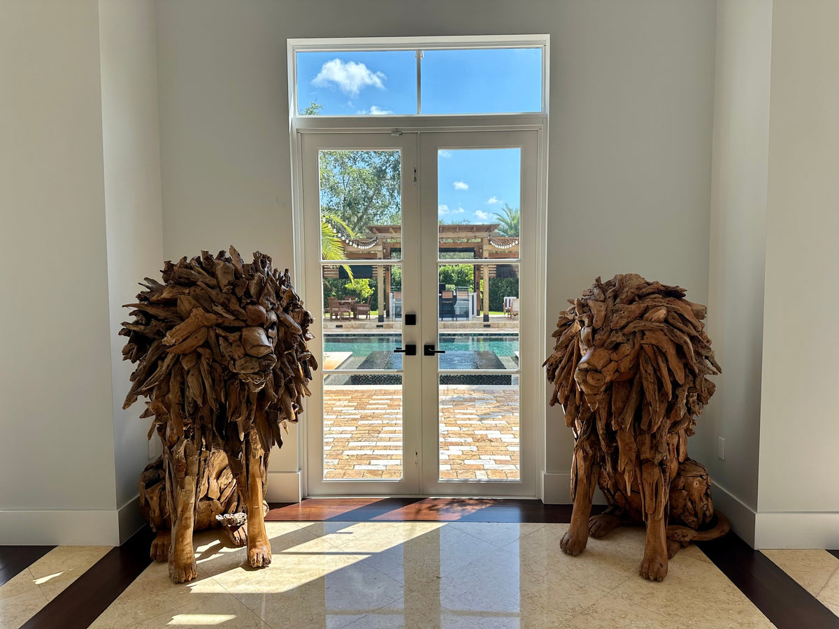 The Broward Design Center Teak Lion XL – Life-Size Hand-Carved Teak Sculpture