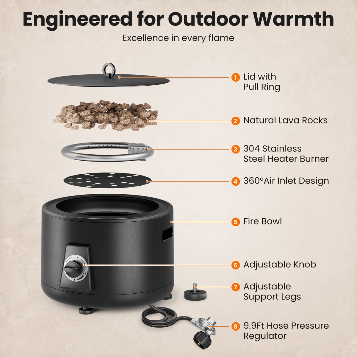 Pamapic Pyra Portable Propane Fire Pit, 60,000 BTU Smokeless