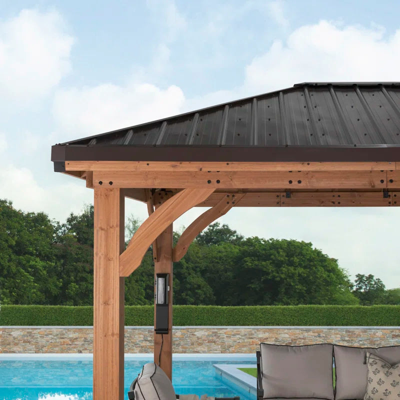 Barrington 12' X 10' Cedar Wood Outdoor Patio Gazebo with Hardtop Galvanized Steel Hip Roof and Powerport