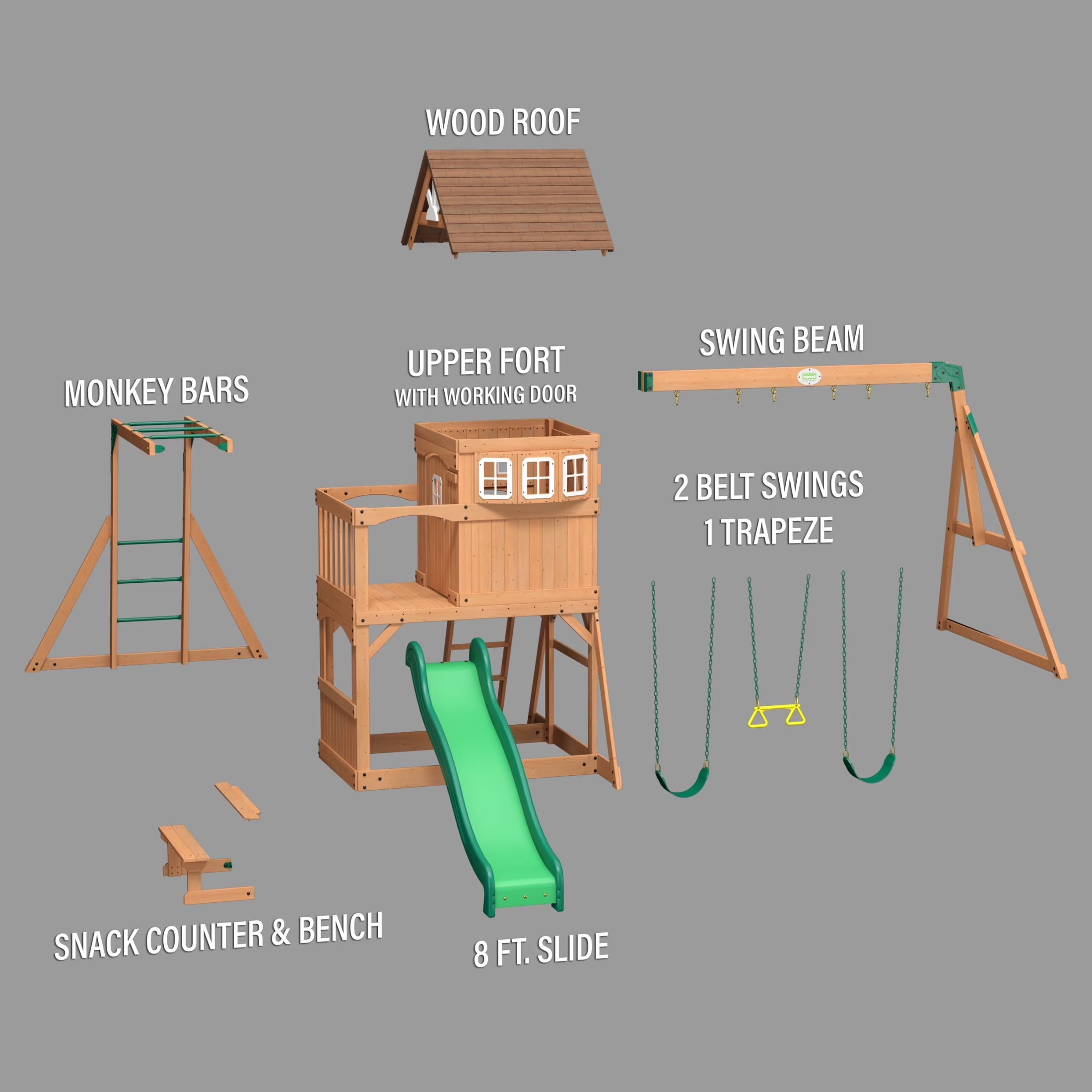 Montpelier Cedar Wood Swing Set, Slide, Clubhouse, Monkey Bars