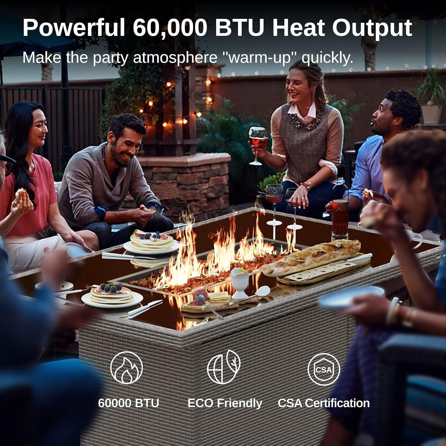 44'' Propane Fire Pit Table, 60,000 BTU Gas Fire Table W/Aluminum Frame, H Type Burner and Tempered Glass Tabletop, CSA Listed Outdoor Patio Firepit, Fire Glass and Lid, Grey