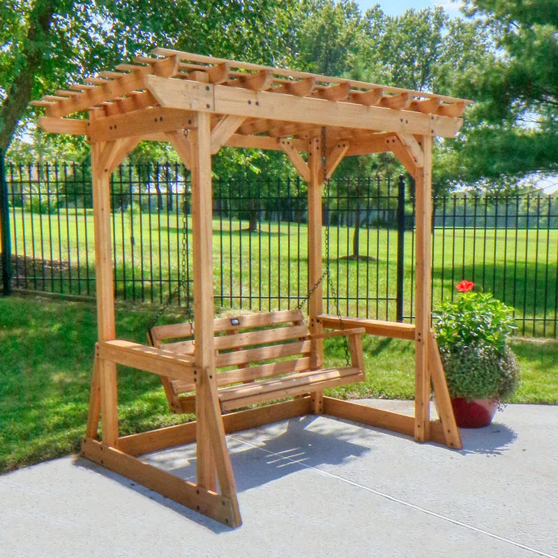 Callahan Cedar Wood Outdoor Patio Pergola Swing Bench with Trellis and Two-Person Seating