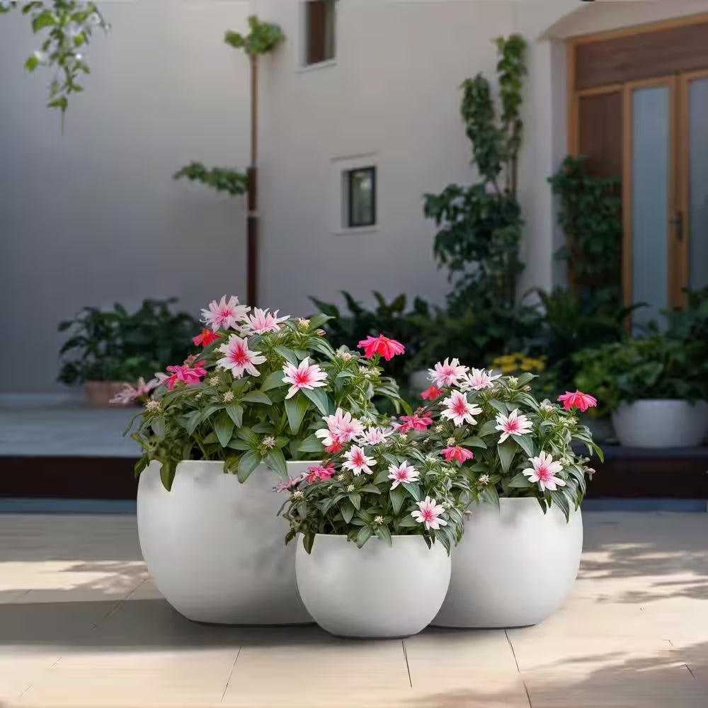 11.5In., 15In., 19In. Dia Crisp White Extra Large Tall round Concrete Plant Pot/Planter for Indoor & Outdoor Set of 3