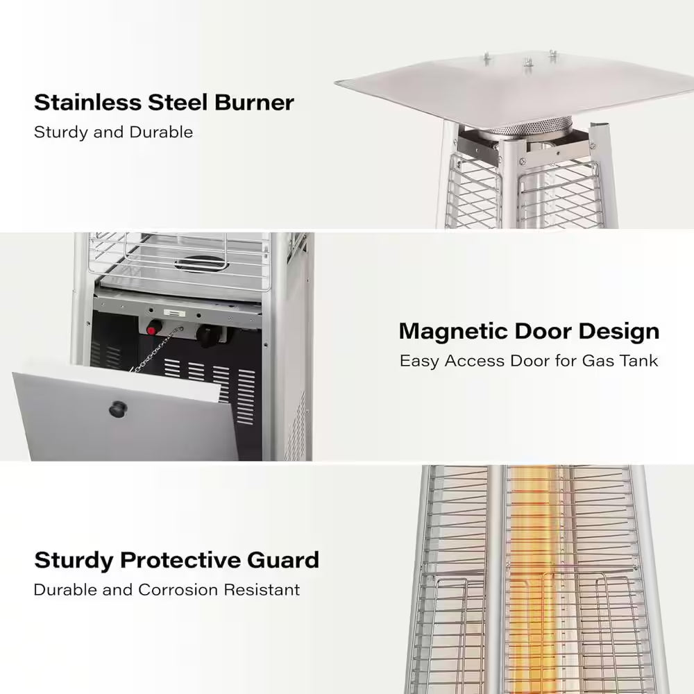 48,000 BTU Stainless Steel Pyramid Patio Flame Propane Gas Patio Heater with Wheels