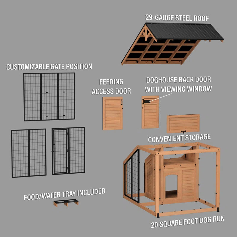 Waggin' Retreat Cedar Wood Outdoor Dog Kennel with Galvanized Steel Roof and Easy-Access Feeding Door