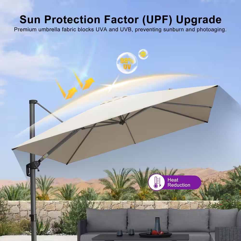 10 Ft. X 13 Ft. Aluminum Uv-Resistant Outdoor Cantilever Offset 360° Rotation Patio Umbrella with Base, Beige