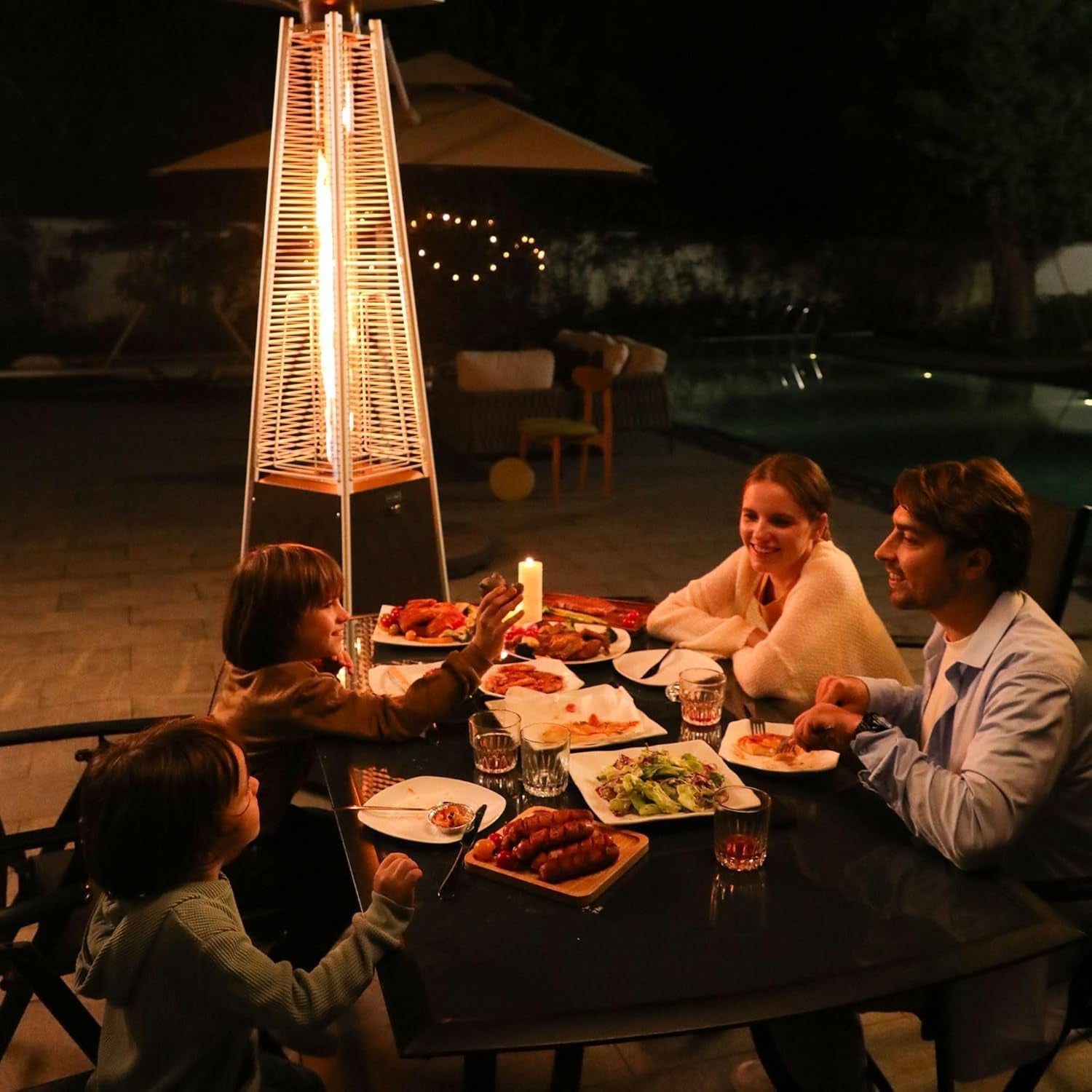 48,000 BTU Pyramid Patio Heater, Quartz Glass Tube Propane Outdoor Heater with Wheels, Triple Safety Protection, 2025 Upgrade for Home, Backyard & Commercial Spaces, Stainless Steel