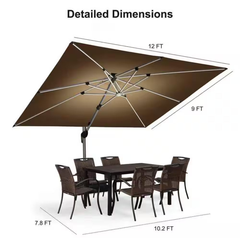 9 Ft.X 12 Ft. Windproof Aluminum Solar Powered LED Patio Cantilever Offset Umbrella with Stand, Beige