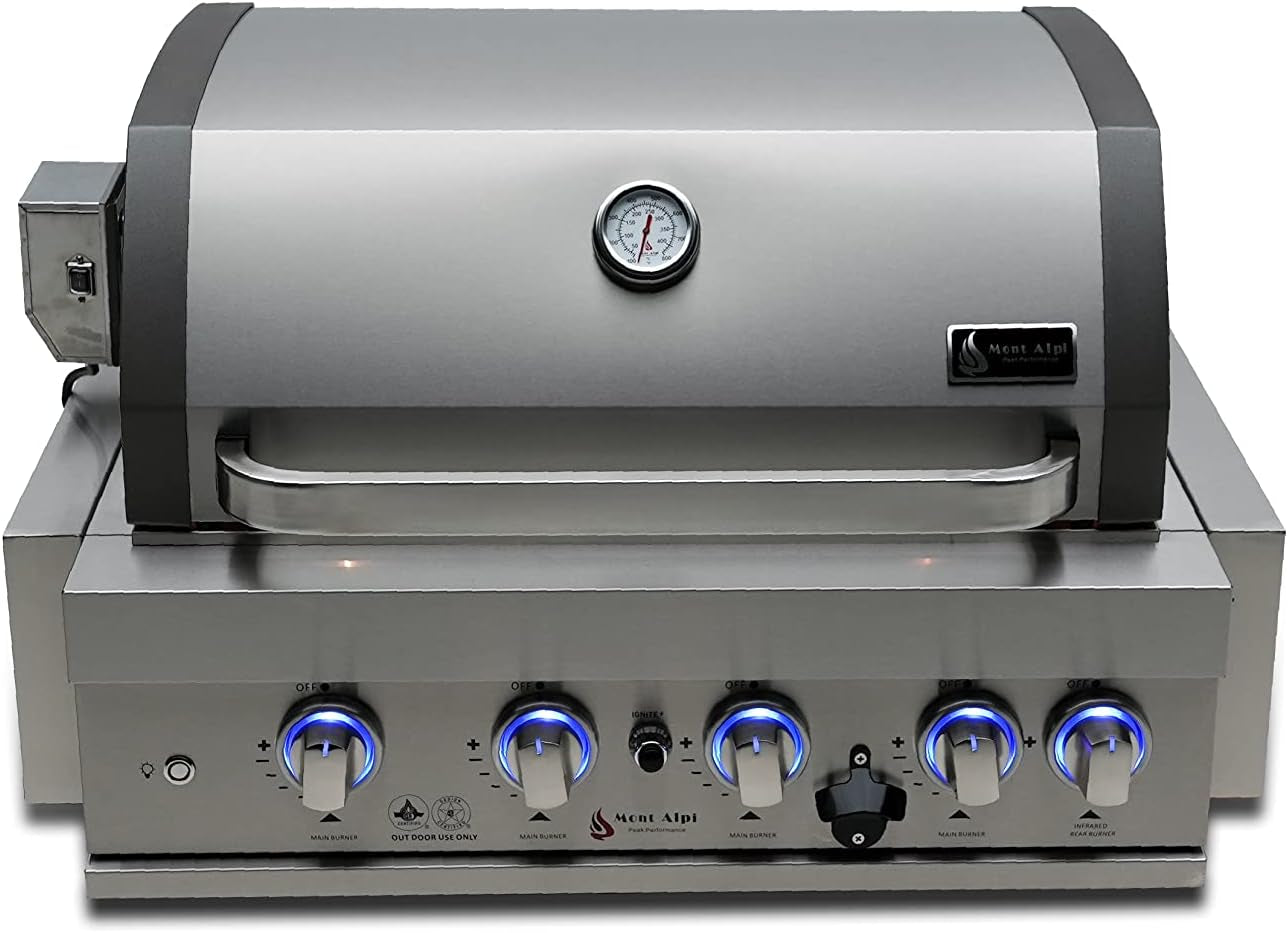 Premium 32"W X 23"D X 21"H Stainless Steel 4-Burner 63000 Btus Outdoor Kitchen Kitchen Island Heavy Duty Propane Built-In BBQ Grill Head with Infrared Rear Burner + Rotisserie Kit + Cover