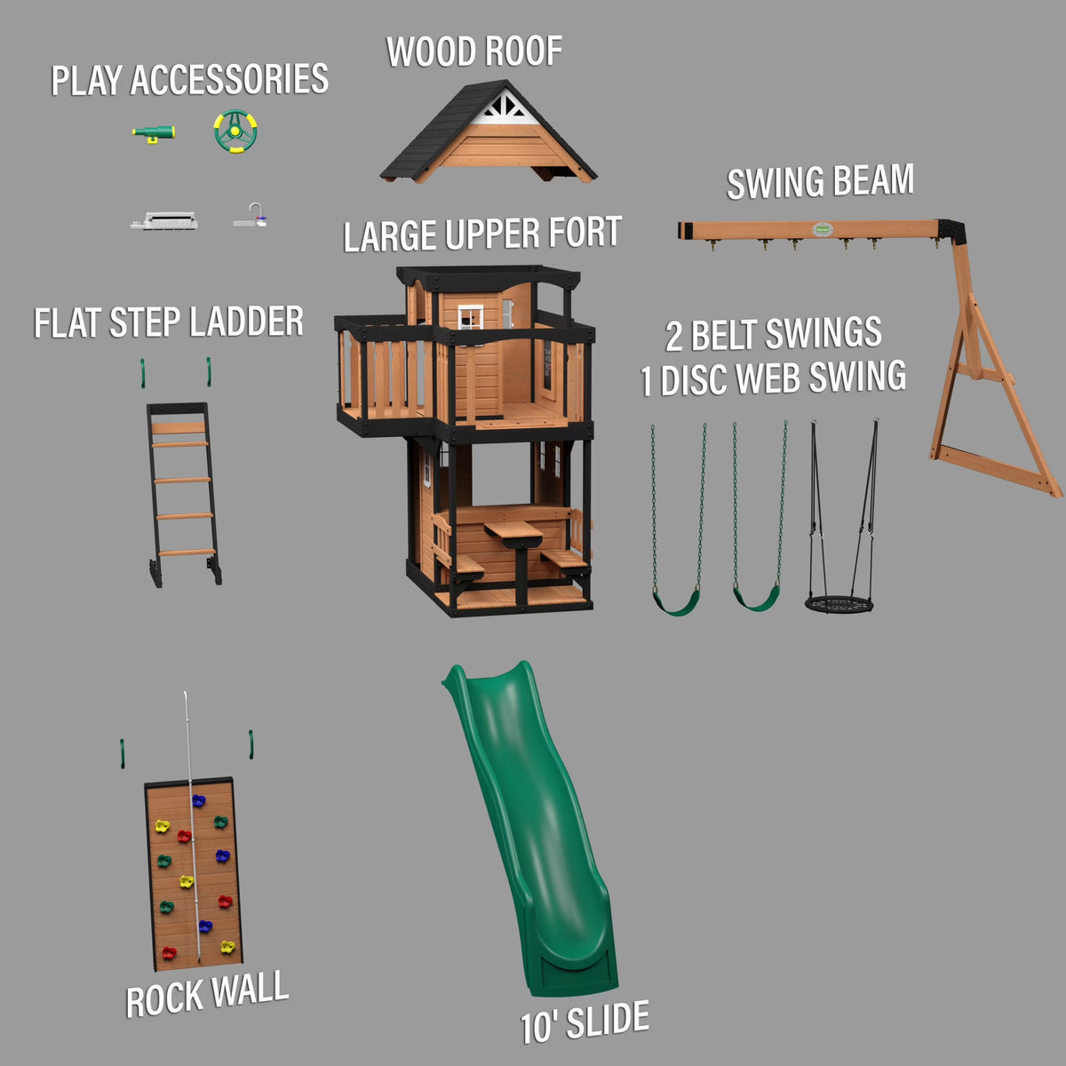 Canyon Creek Cedar Wood Swing Set, Slide, Clubhouse, Rock Wall