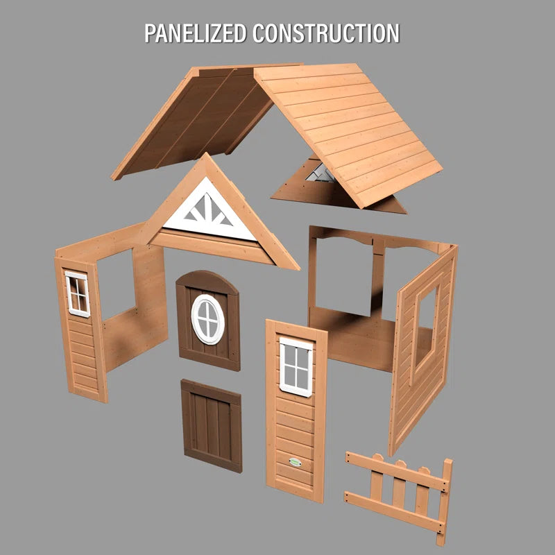 Aspen Cedar Wooden Kids Playhouse with Play Kitchen, Snack Bar Window, and Picnic Bench