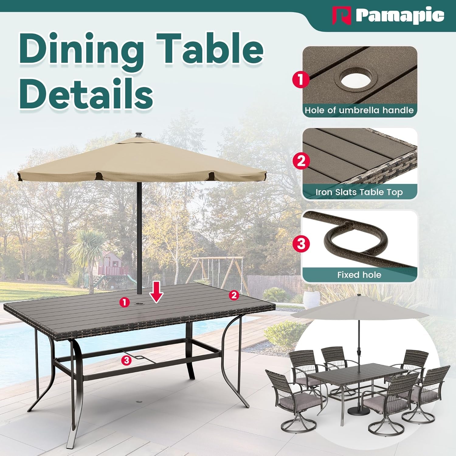 7 Piece Outdoor Dining Set, Rattan Outdoor Patio Furniture Set for Deck Backyard Garden with Iron Outdoor Dining Table, 6 Swivel Outdoor Dining Chairs and Removable Cushions (Gray)
