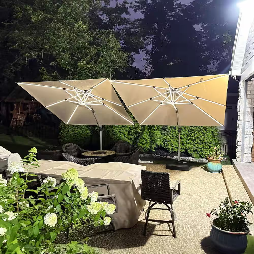 9 Ft.X 12 Ft. Windproof Aluminum Solar Powered LED Patio Cantilever Offset Umbrella with Stand, Beige