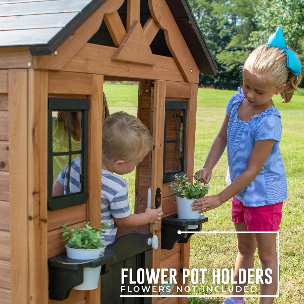 Backyard Discovery Sweetwater Cedar Wooden Kids Playhouse Cottage with Play Kitchen, Snack Bar, Half Door, Toy Phone, Windows, Flowerpot Holders, and Working Doorbell for Outdoor Imaginative Play