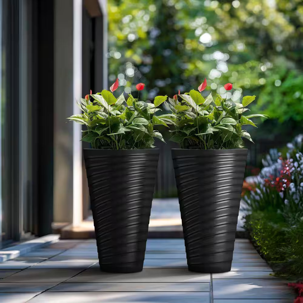 23 In. High Large Spiral Black Plastic round Planter / Pot with Drainage Holes (Set of 2)