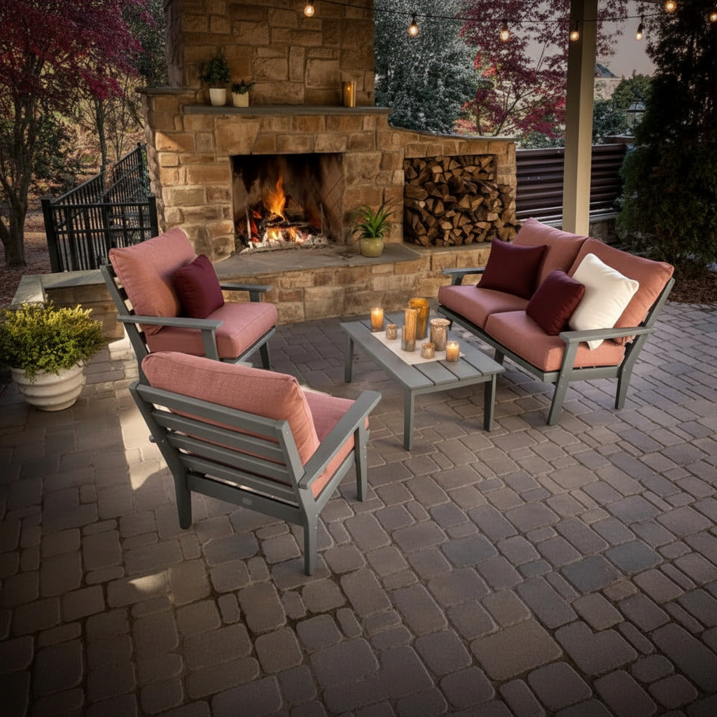 Grant Park Slate Grey 4-Piece Plastic Patio Conversation Deep Seating Set with Silver Garnet Cushions