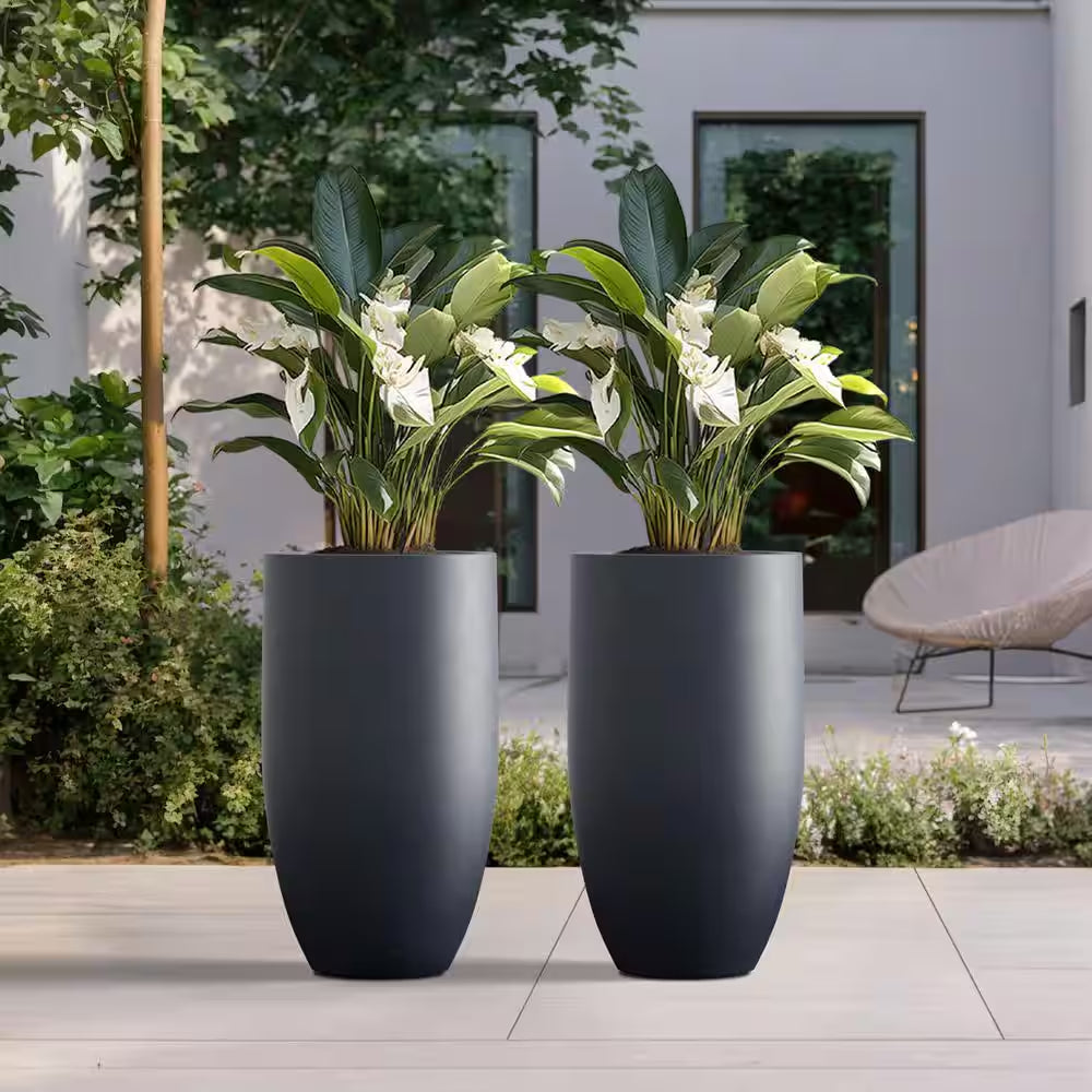 Lightweight 13.5 In. Dia Tall Large Granite Gray Large round Concrete Planter/Flower Pot for Indoor & Outdoor (Set of 2)