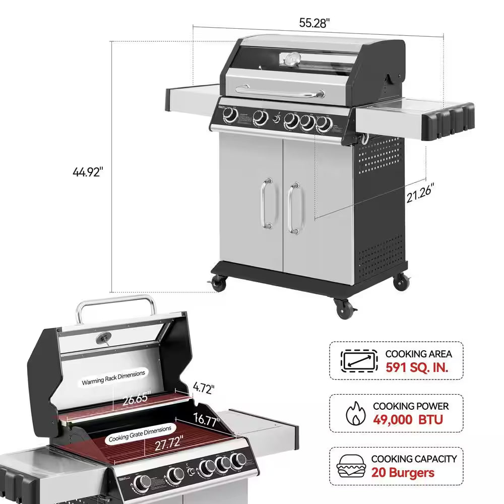 4-Burner Propane Gas Grill with Side Burner with Glass Viewing Window, Cabinet Style, Silver