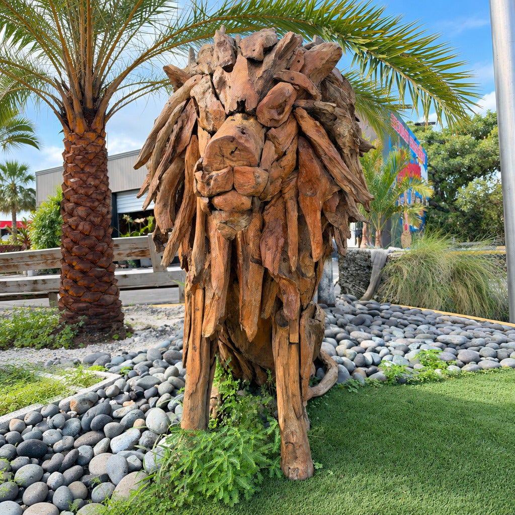 The Broward Design Center Teak Lion XL – Life-Size Hand-Carved Teak Sculpture