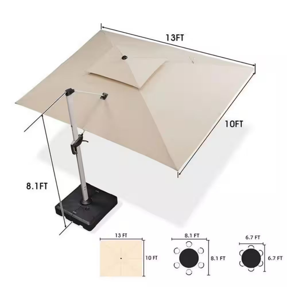 10 Ft. X 13 Ft. Windproof Aluminum 360 Rotation Cantilever Polyester Outdoor Patio Umbrella with Base, Beige